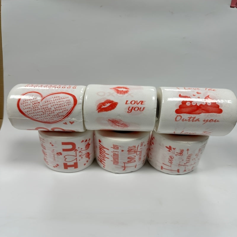 Each pack contains 2 rolls of whimsical and creative printed toilet paper, featuring a fun mix of birthday, wedding, and Valentine's Day themes. There are 6 unique combinations to choose from, including flamingos, XOXO, Cupid, red lips, hot kisses, LOVE