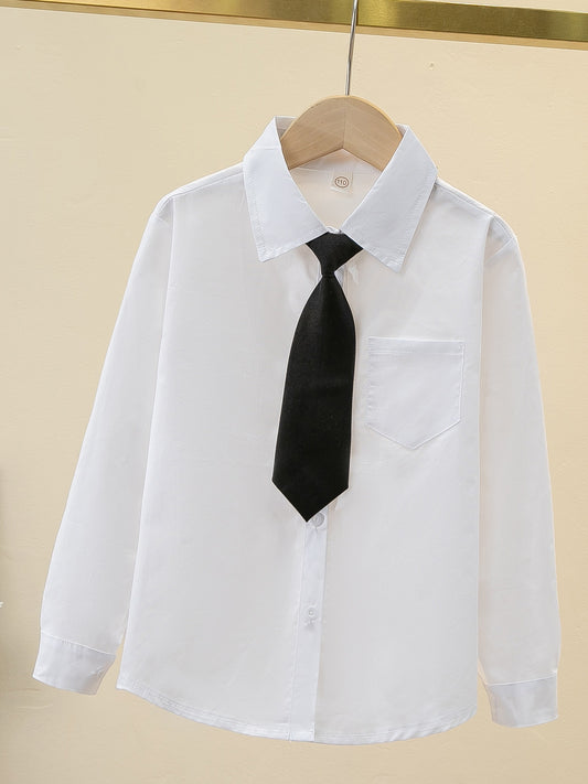 Children's pure cotton white uniform shirt with tie collar, suitable for school or casual wear. Great gift idea.