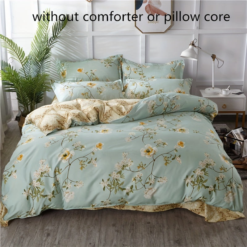 4-piece floral duvet cover set made of soft polyester fabric, includes flat sheet and pillowcases, featuring an elegant flower design for bedroom decor. Core not included.