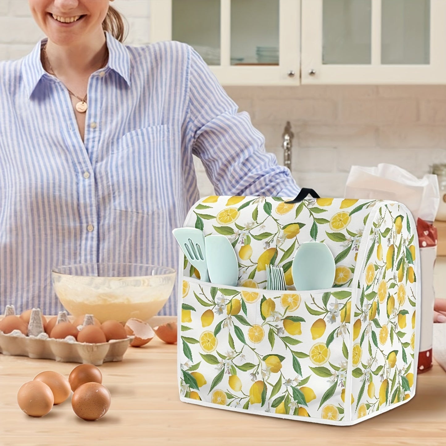 Protect your KitchenAid mixers and coffee makers with the stylish and easy-to-clean Rshubino Lemon-themed dust cover. This appliance protector features a convenient pocket and handle, and is safe for non-food contact.