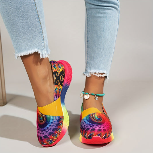 Womens' rainbow tie-dye slip-on sneakers with vibrant cloud pattern, lightweight, comfortable, durable PU sole for all-day wear.