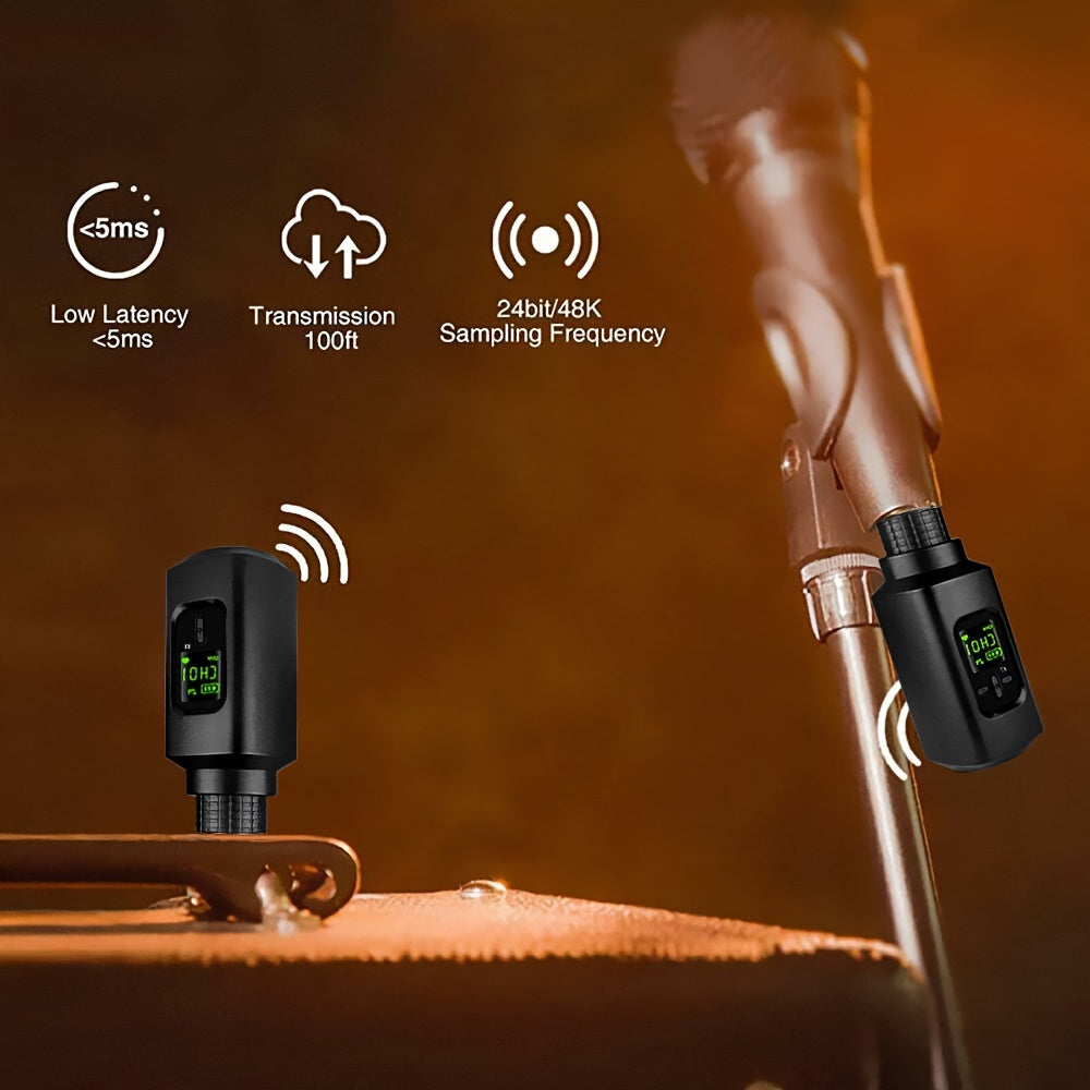 Wireless XLR Transmitter and Receiver with Guitar Transmitter Receiver. Rechargeable mic adapter for dynamic microphone and electric guitar bass. One-click switch between KTV, speech