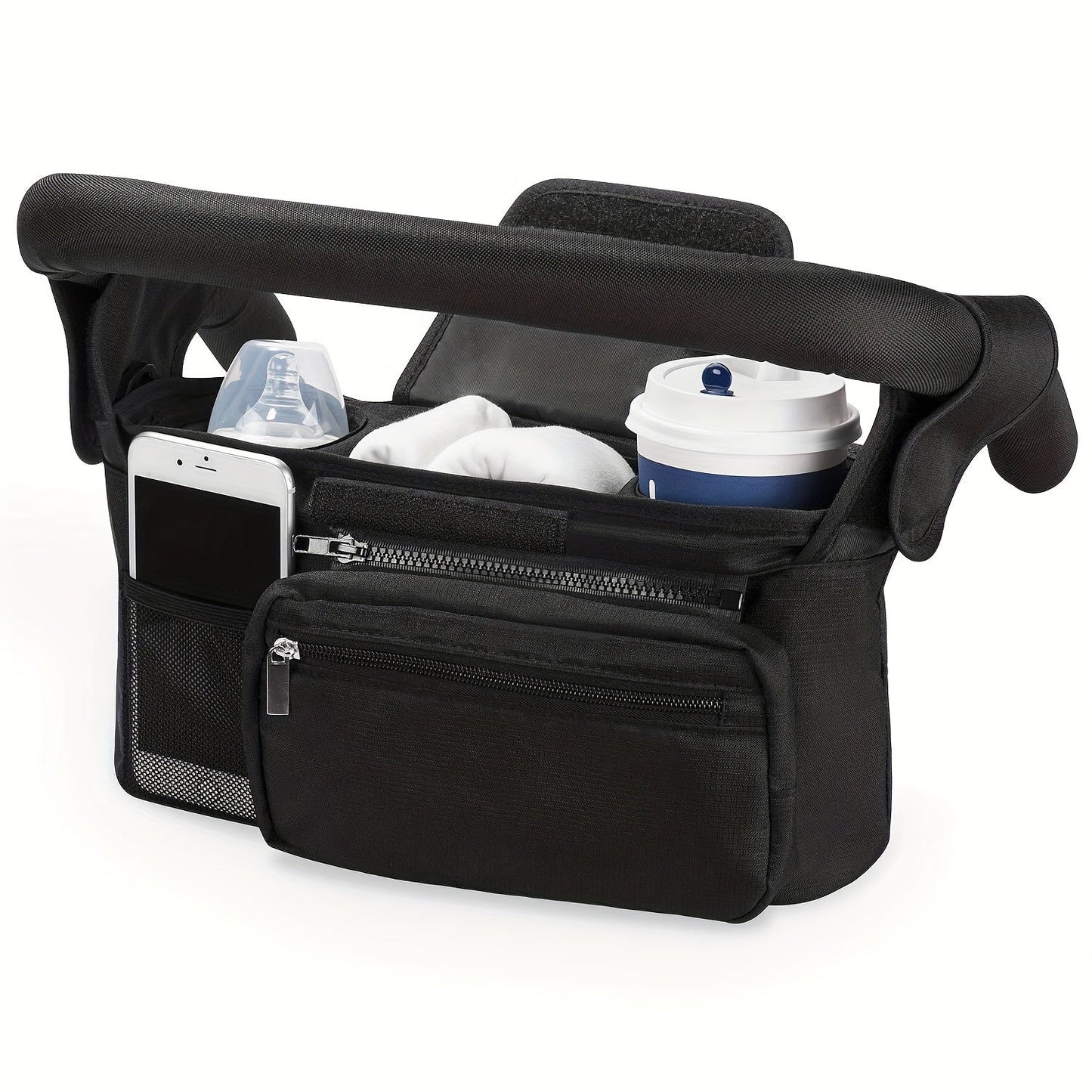 Multi-functional stroller organizer featuring an insulated cup holder, removable phone pocket, and shoulder strap - Compatible with Uppababy, Youngsters Jogger, Britax, BOB, and other strollers.