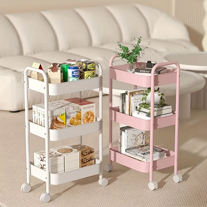 3-tier or 4-tier rolling utility cart made of metal and plastic, inspired by Nordic design. Equipped with brake wheels for stability, this versatile storage organizer can be used in the kitchen, office, pantry, bookshelf, or as a snack rack. No