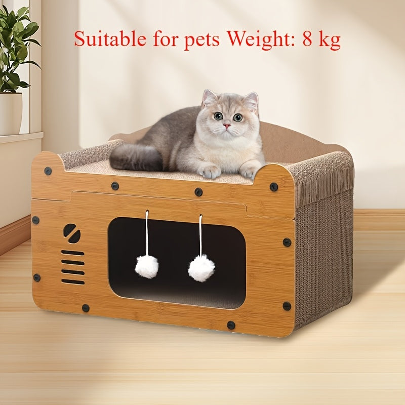 TV-shaped cat scratcher and resting mat made of durable cardboard with built-in ball toy, serves as multifunctional cat furniture for claw care and relaxation.