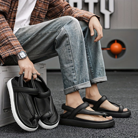 Men's fashion sandals with thick, soft soles for versatile streetwear and outdoor sports, featuring a simple design in solid colors perfect for beach vacations.