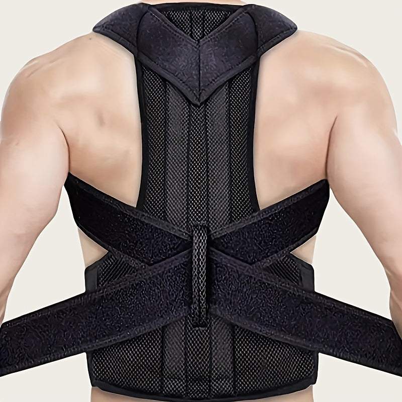 Unisex posture corrector back brace made of knit fabric, neoprene, polyester, and nylon. Adjustable waist protector for spine alignment with breathable design for year-round use.