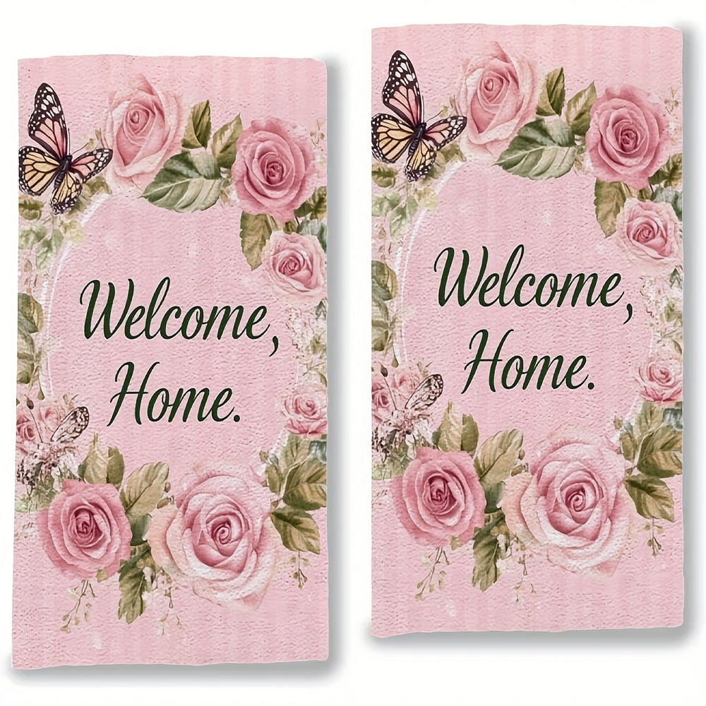 Set of 2 Ultra Soft Kitchen Towels - "Welcome HOME" Pink Design featuring Roses & Butterflies, Exceptionally Absorbent & Easy to Clean Dish Hand Towels, Perfect for Holiday Decor, Size: 40.64x60.96 cm, Dish Towels