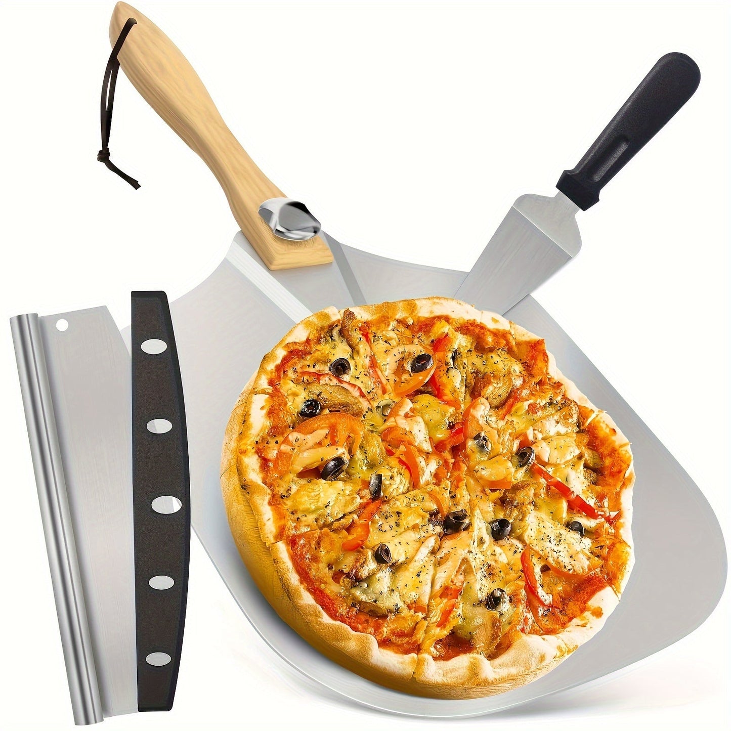 Metal Pizza Peel Set with Wooden Handle, measuring 30.48x35.56 cm. This set includes a Foldable Metal Pizza Peel with Swing Dough Scraper - perfect for Home Pizza Oven Baking. The durable Metal Pizza Board is ideal for handling Dough, Bread, and Pastries.