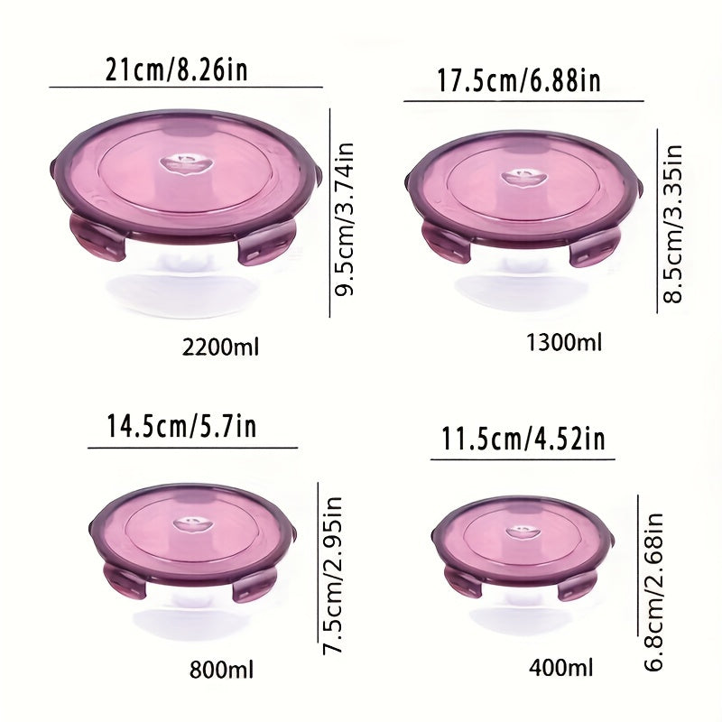 Set of 4 round plastic bowls with lids - microwave & outdoor safe, rust-proof, ideal for camping and refrigerator organization. Bento box design for sealed storage.