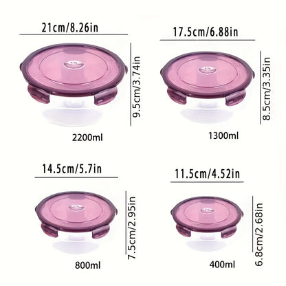 Set of 4 round plastic bowls with lids - microwave & outdoor safe, rust-proof, ideal for camping and refrigerator organization. Bento box design for sealed storage.