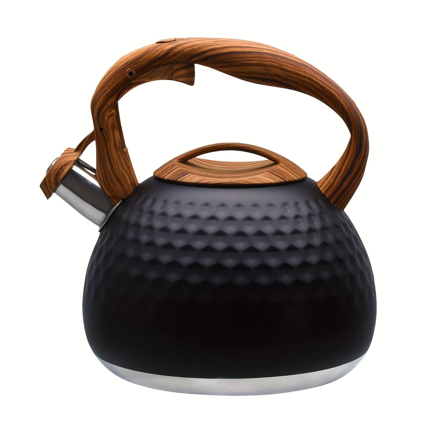 1 piece of a loud whistling tea kettle made of heavy stainless steel in black color with a wood pattern handle. This unique kettle is designed for boiling water, coffee, or milk and features a button control outlet. It has a capacity of 3 liters.