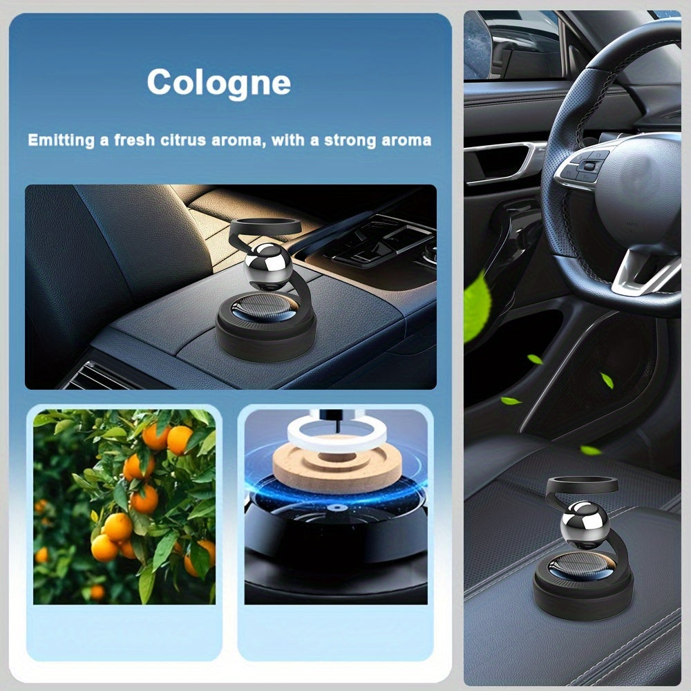 Solar-powered car aromatherapy diffuser rotates, creates long-lasting fragrance, and is compatible with various aromatherapy products.