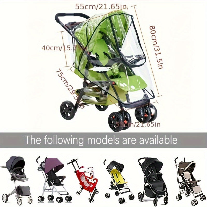 Transparent rain cover for strollers with windproof, dustproof, and rainproof canopy, featuring a black zipper.