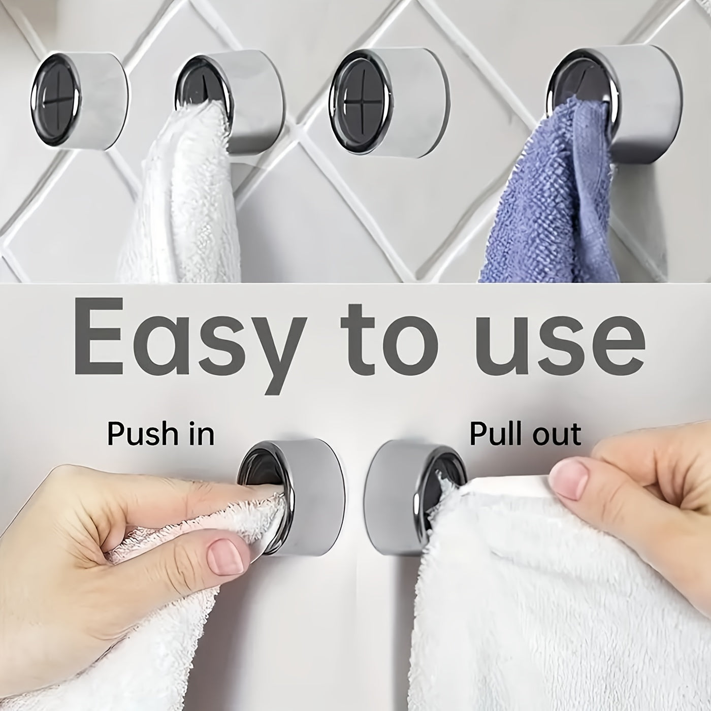 Two round self-adhesive towel hooks for bathroom, hand and dish towels, no drilling needed.