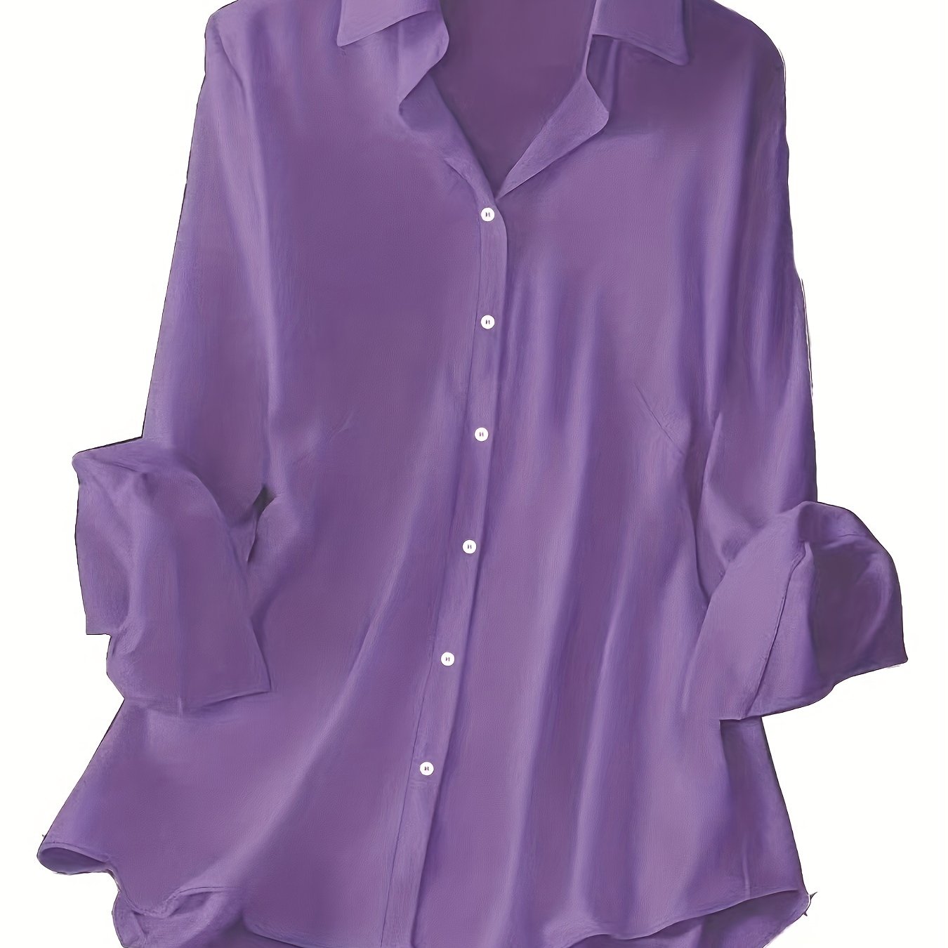 Women's Plus Size Elegant Button-Up Shirt in Solid Purple, Satin-Like Polyester Blend, Flowing Design, Machine Washable, Ideal for Casual Outings