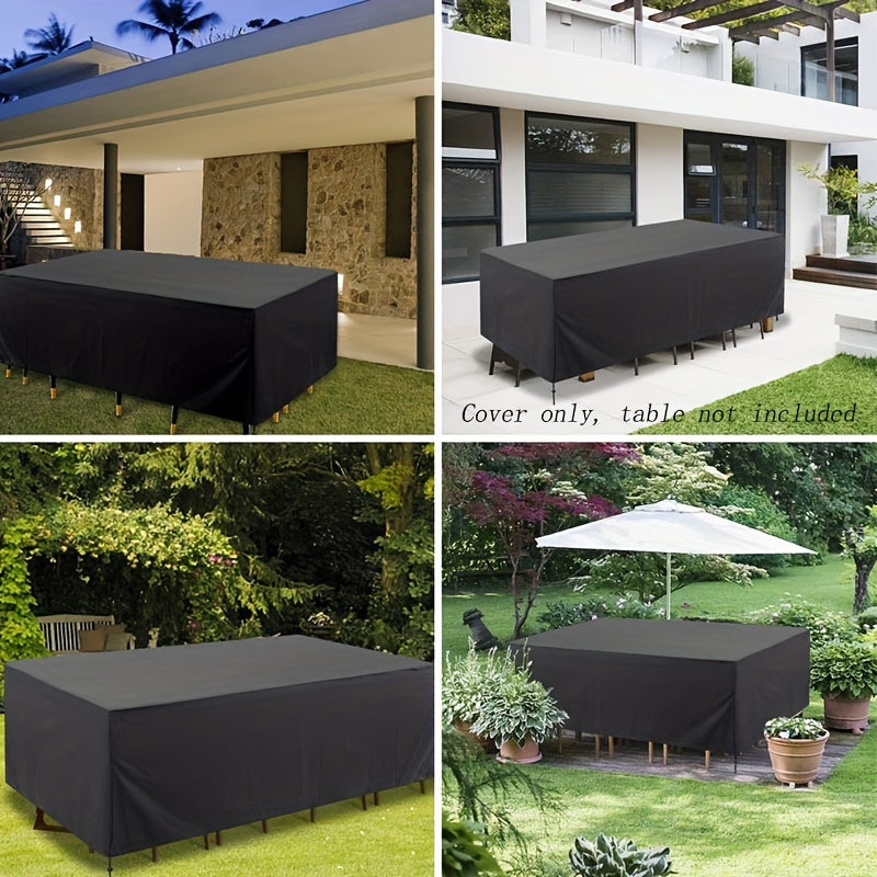 Waterproof outdoor sofa cover made of 210D Oxford fabric with drawstring closure and button fasteners. Black color, all-season garden furniture protector.