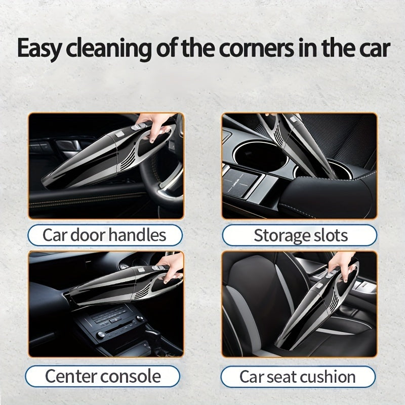 Powerful handheld car vacuum with strong suction, quiet operation, and crevice tool & dust brush. Includes 3-5m cord and plastic body for efficient cleaning.