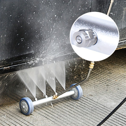 Undercarriage pressure washer with multiple functions, includes 4 nozzles, chassis cleaning brush, and outdoor car floor cleaning tool. Operates manually, no electricity or batteries required.