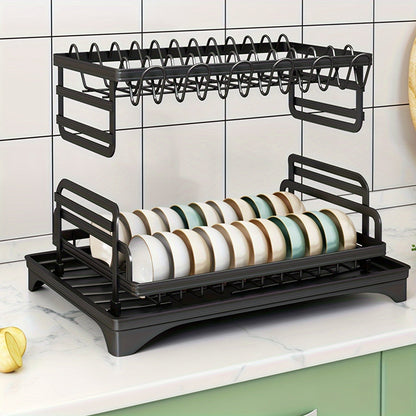 This 2-Tier Iron Dish Drying Rack comes with a Drainboard, Cutlery Holder, Knife Block, and Glass Holder. It serves as a Kitchen Countertop Plate Bowl Organizer and makes the perfect gift for Women on Mother's Day.