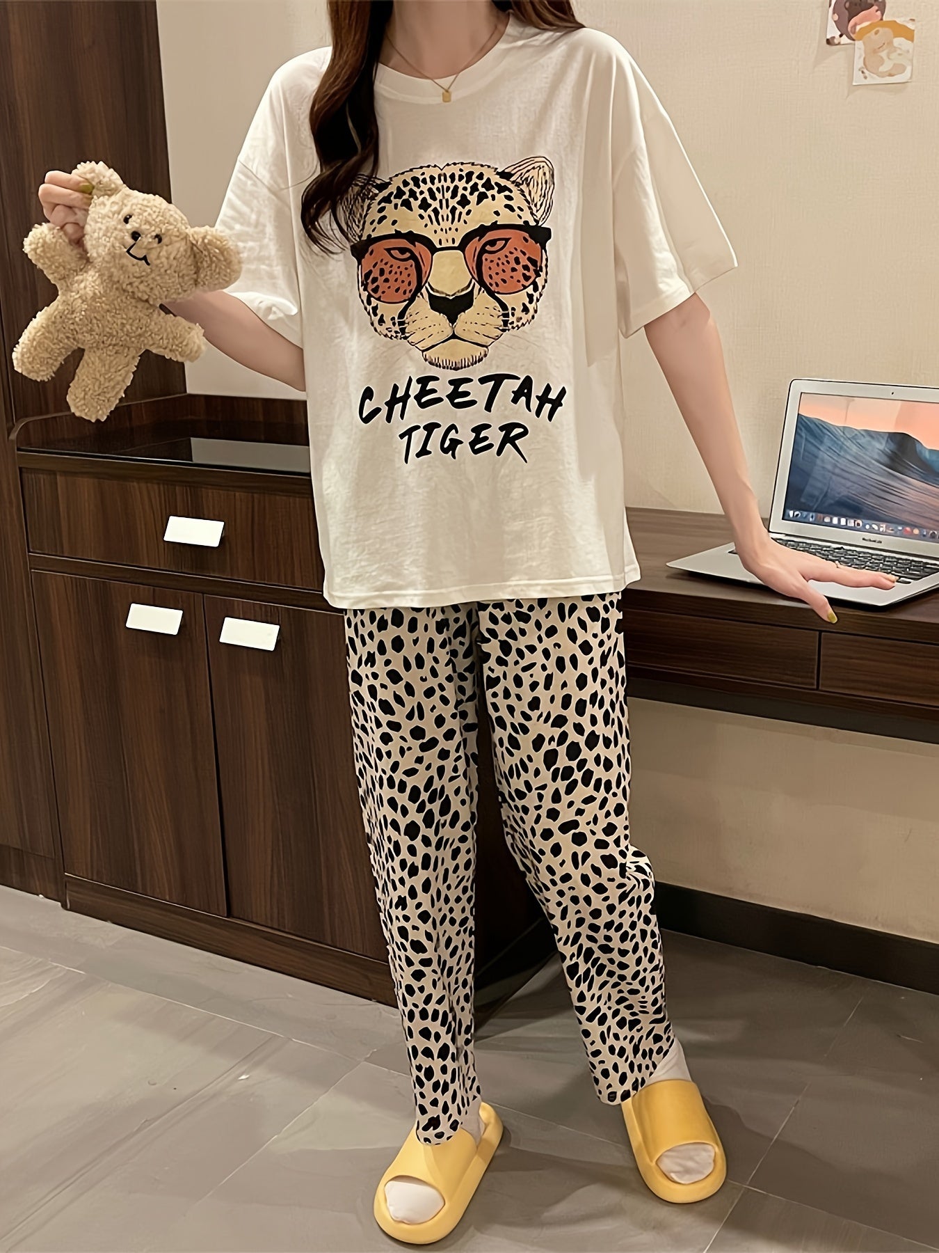 Casual pajama set for women with leopard and letter print, featuring a short sleeve top and matching pants for a comfortable fit.