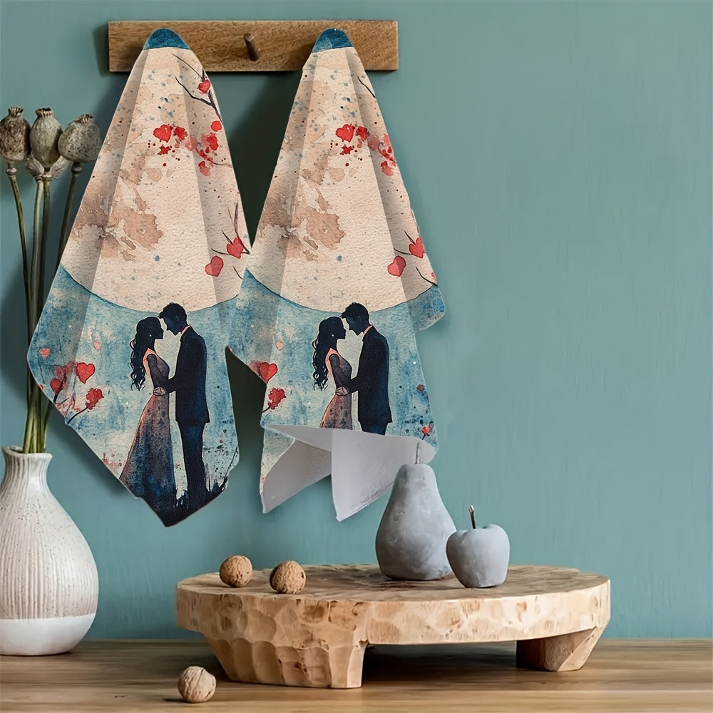 Set of 2 Romantic Moonlit Lovers Kitchen Towels - Made from Ultra Soft, Highly Absorbent Polyester Material, measuring 40.64x60.96 cm - Easy to Clean in Washing Machine, featuring Watercolor Style with Cherry Blossoms & Full Moon Design, Perfect for