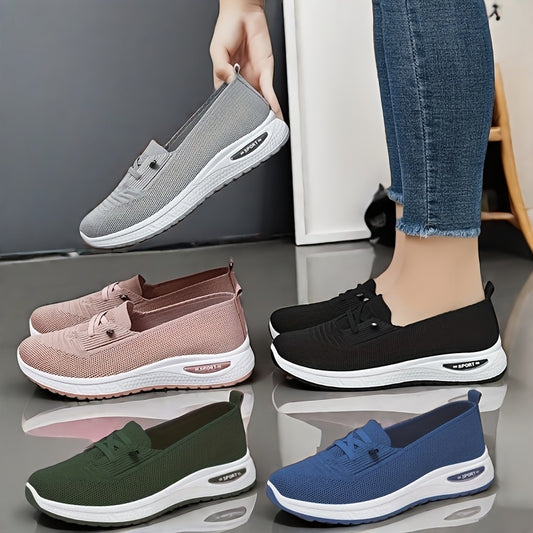 Breathable knit slip-on sneakers for women with non-slip, durable soles. Casual walking shoes in solid color, featuring comfortable round toe design. Perfect for outdoor activities.