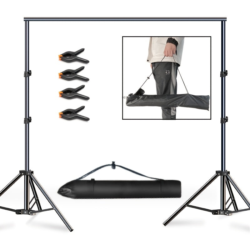 Iron Photography Backdrop Stand System, adjustable height, portable with carrying bag for various events.