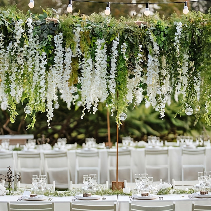 12 artificial wisteria garlands bring garden style to wedding parties and outdoor ceremonies without feathers.