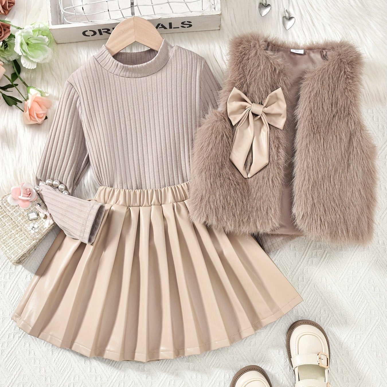 Girls' 3-piece knit set with mock neck top, pleated skirt, and furry bow vest for fall/winter outdoor wear