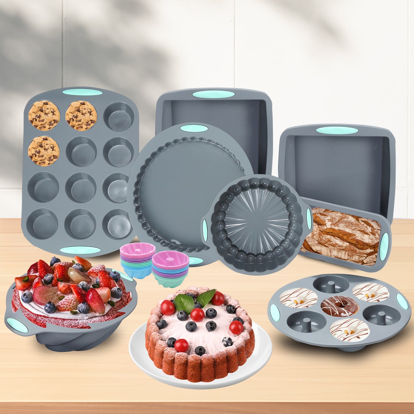 Silicone baking set includes 45 pieces, including various molds, pans, cups, and tools for the kitchen.