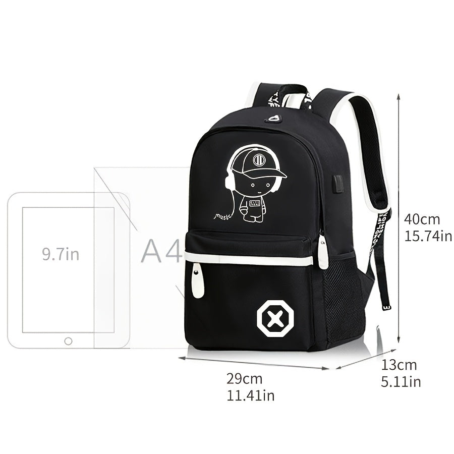 Glow-in-the-dark cartoon backpack with USB charging, adjustable straps, and zip closure. Perfect for daily use for school or commuting.