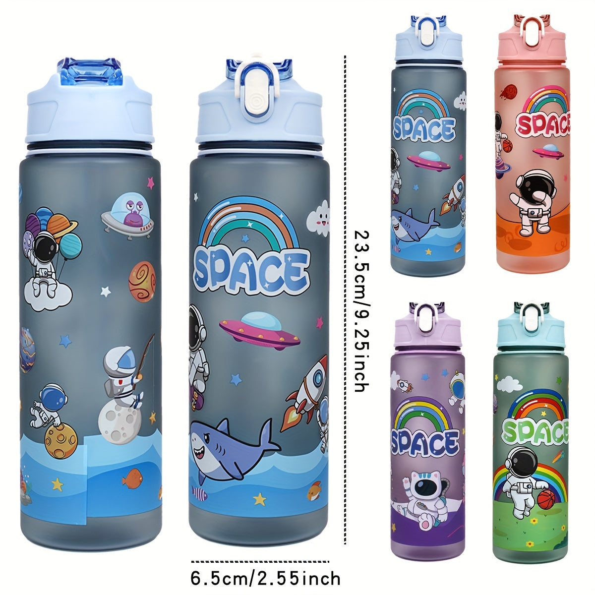 Durable 21oz astronaut water bottle with straw, BPA-free plastic. Ideal for outdoor activities and school with space-themed design.