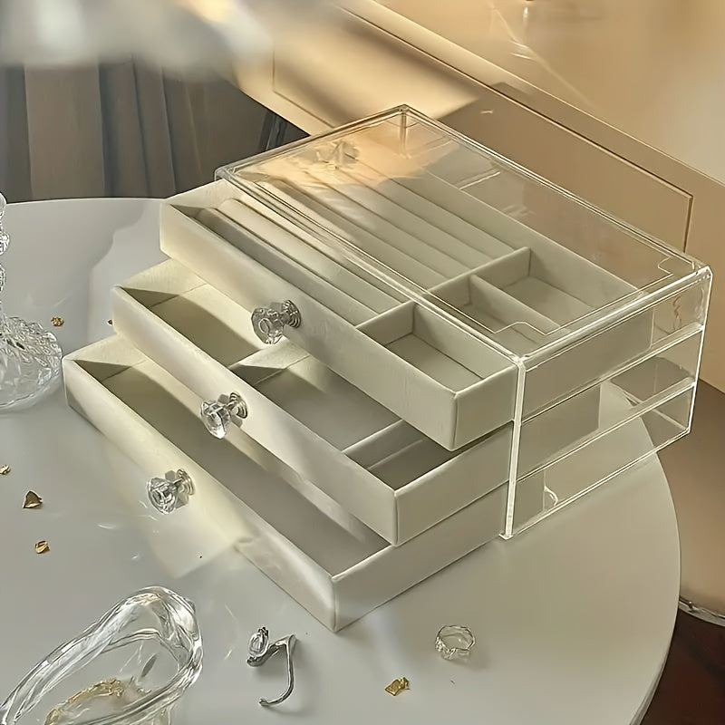 Jewelry Box with Three Layers for Organizing Earrings, Necklaces, and Rings, Transparent Design with Anti-Oxidation Protection