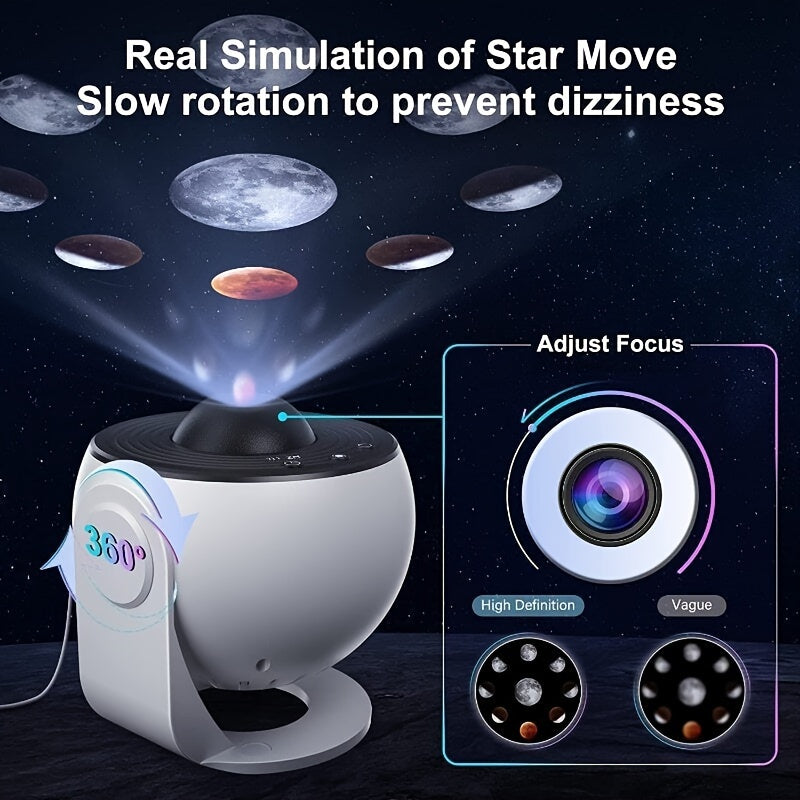 Galaxy projector light with 360° rotation, 12 HD film pieces for a starry bedroom atmosphere, ideal Valentine's Day gift.