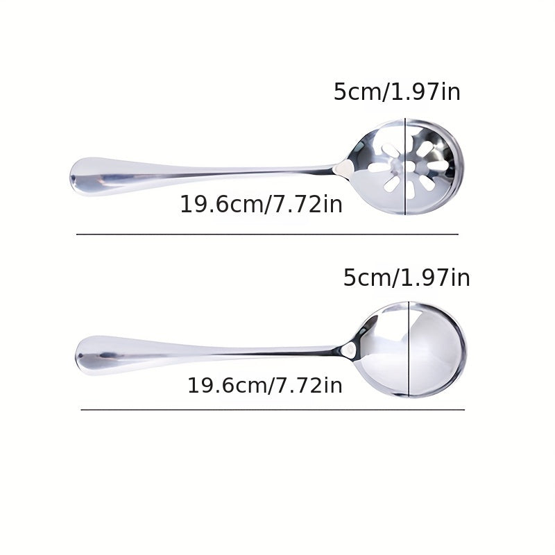 Six-piece stainless steel buffet dinner restaurant service spoon set includes three regular service spoons and three slotted service spoons in silvery color, perfect for party banquets.