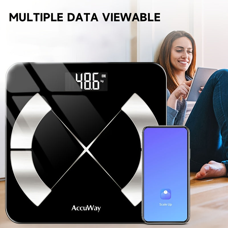 ACCUWAY Smart Bathroom Scale with precision, HD display, 181.44KG capacity, BMI & muscle moisture analysis, and mobile app connectivity.