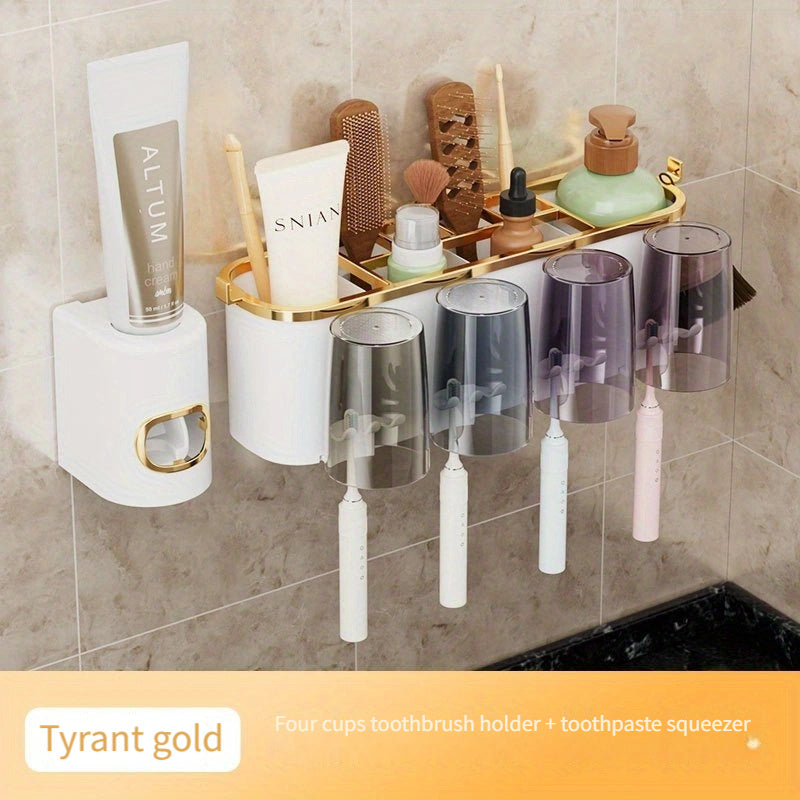 Toothbrush holder with toothpaste squeezer - Wall-mounted plastic organizer for bathroom essentials.