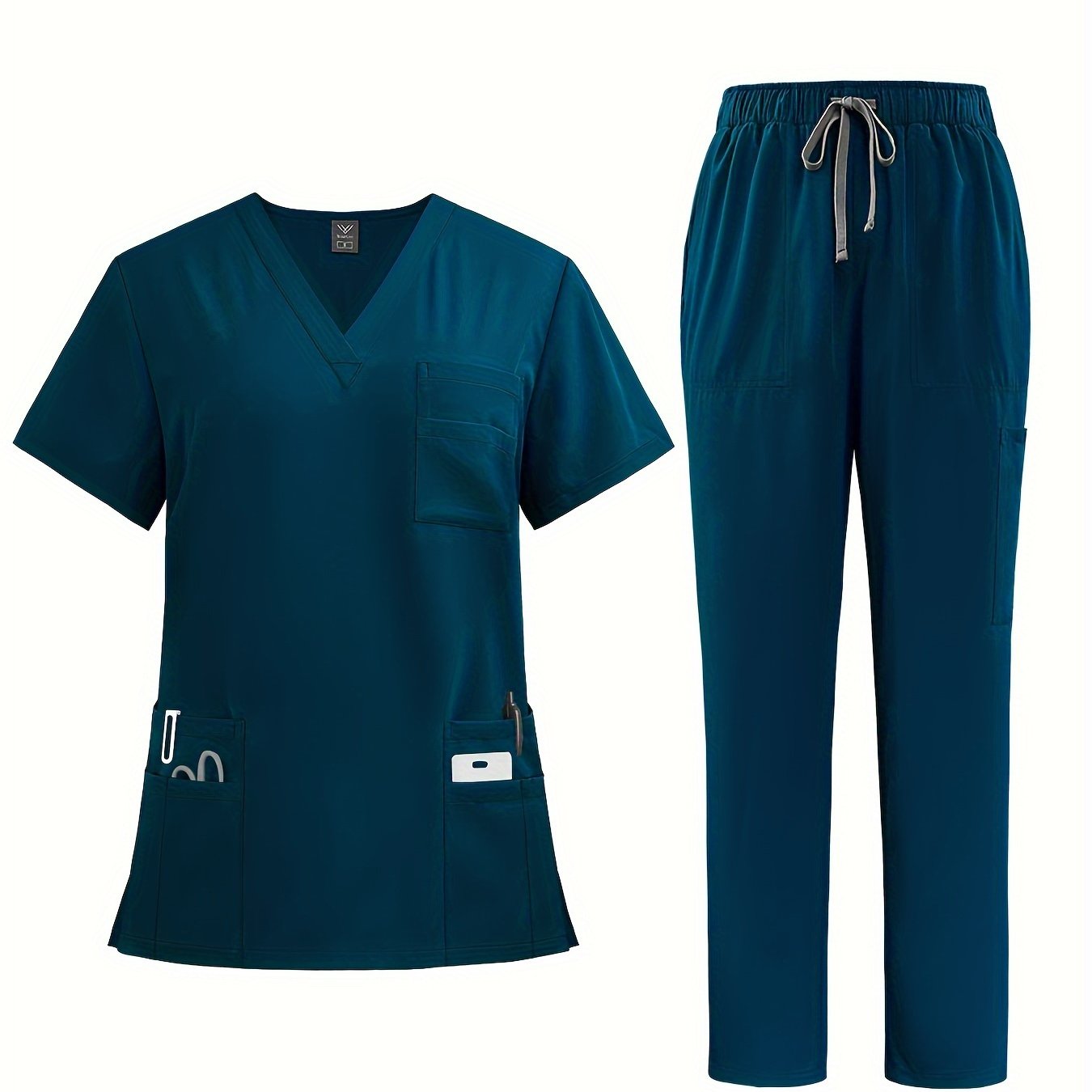 Premium polyester spandex scrubs set with V-neck shirt and straight-leg pants for nurses and surgeons.