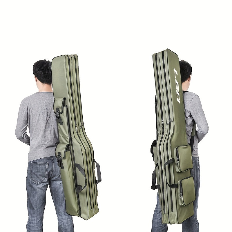 130cm/4.27ft Portable fishing rod and reel organizer. Two-layer durable Oxford storage bag for travel fishing gear.