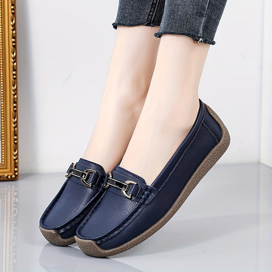 Women's slip-on flats with solid color, plain toe, and non-washable man-made materials.