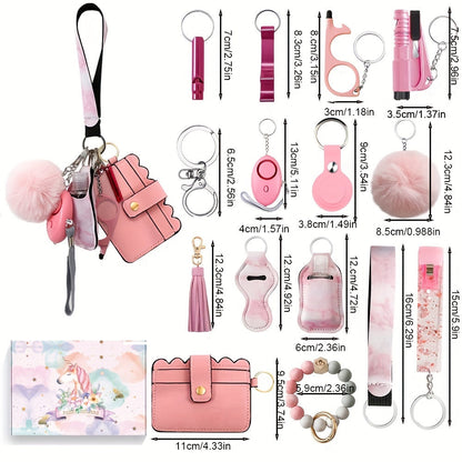 The Women's Stylish Safety Keychain Set includes 17 pieces, featuring a personal alarm key chain, PU leather card bag, and various keychain accessories. This set is a perfect holiday gift for women.