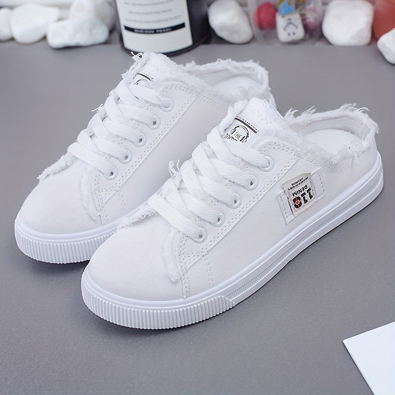 Fashionable solid color platform canvas shoes with a round toe, lace-up design, and breathable slip-on feature, ideal for casual summer wear.