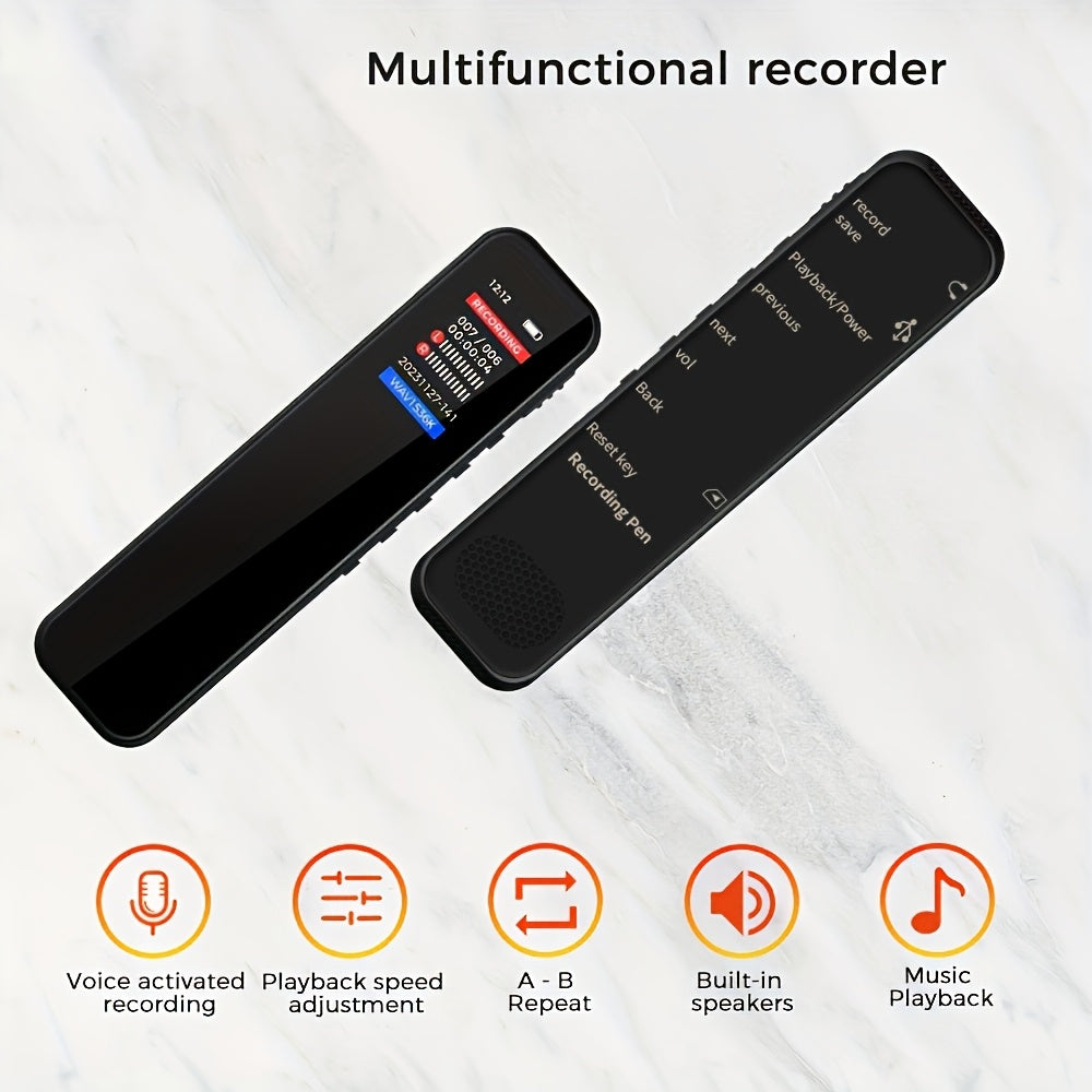 Compact digital voice recorder with noise reduction, USB MP3 playback, and voice activation for various uses.