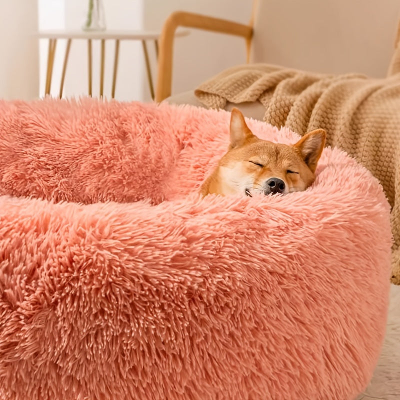 Extra Large Round Dog Bed with Non-Slip Bottom - Soft Faux Plush Polyester Fiber Filled Cuddly Pillow for Dogs of all sizes - Comfortable and Warm.