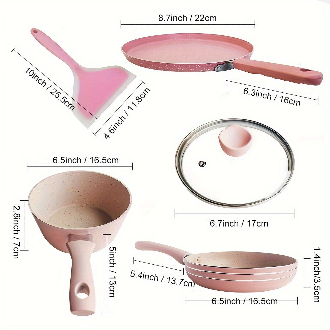 Set of 4 pink mini pots and cooking utensils for 1 person, including a flat bottom pot, egg frying pan, silicone spatula, soup pot, and milk pot. Perfect for a pink-themed restaurant, with additional pancake and crepe pans included.