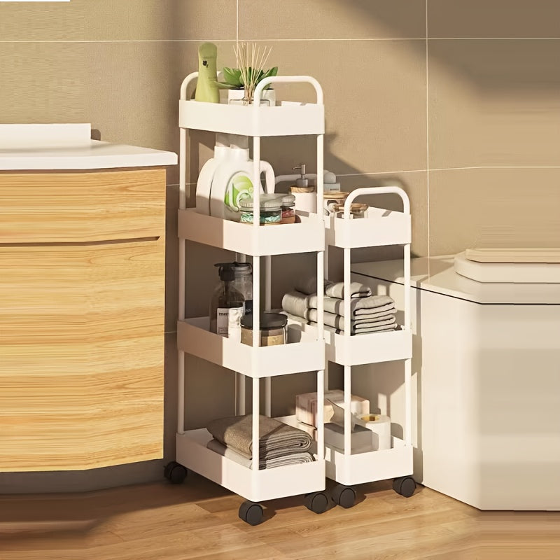 The white storage rack with wheels is a versatile 5-tier solution for organizing items in the kitchen, bathroom, or living room. It is ideal for storing snacks and coffee pods.