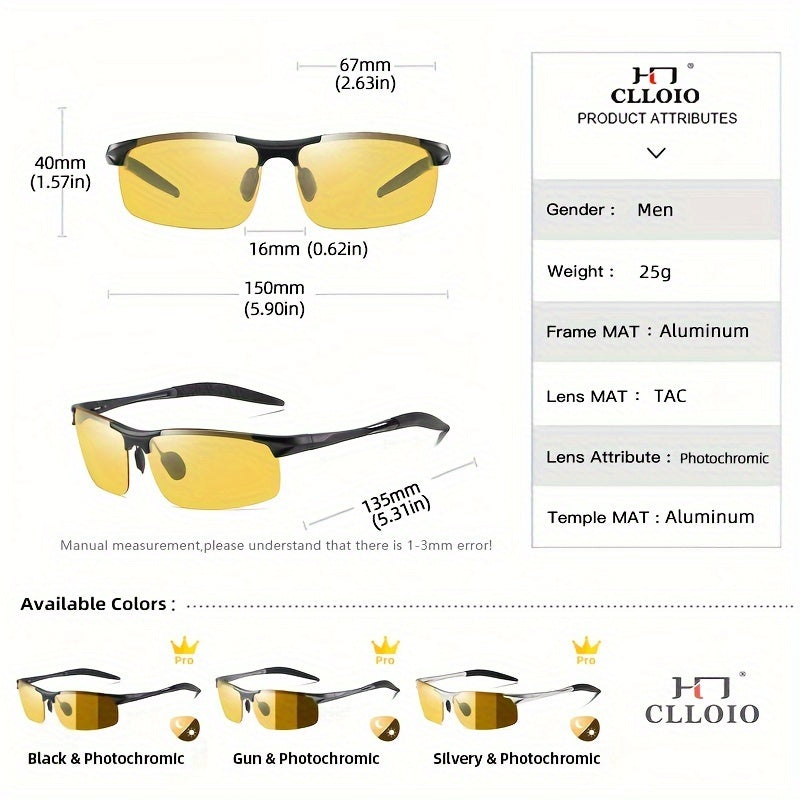 CLLOIO Anti-Glare Photochromic Day Night Vision Men Driving Polarized Sunglasses