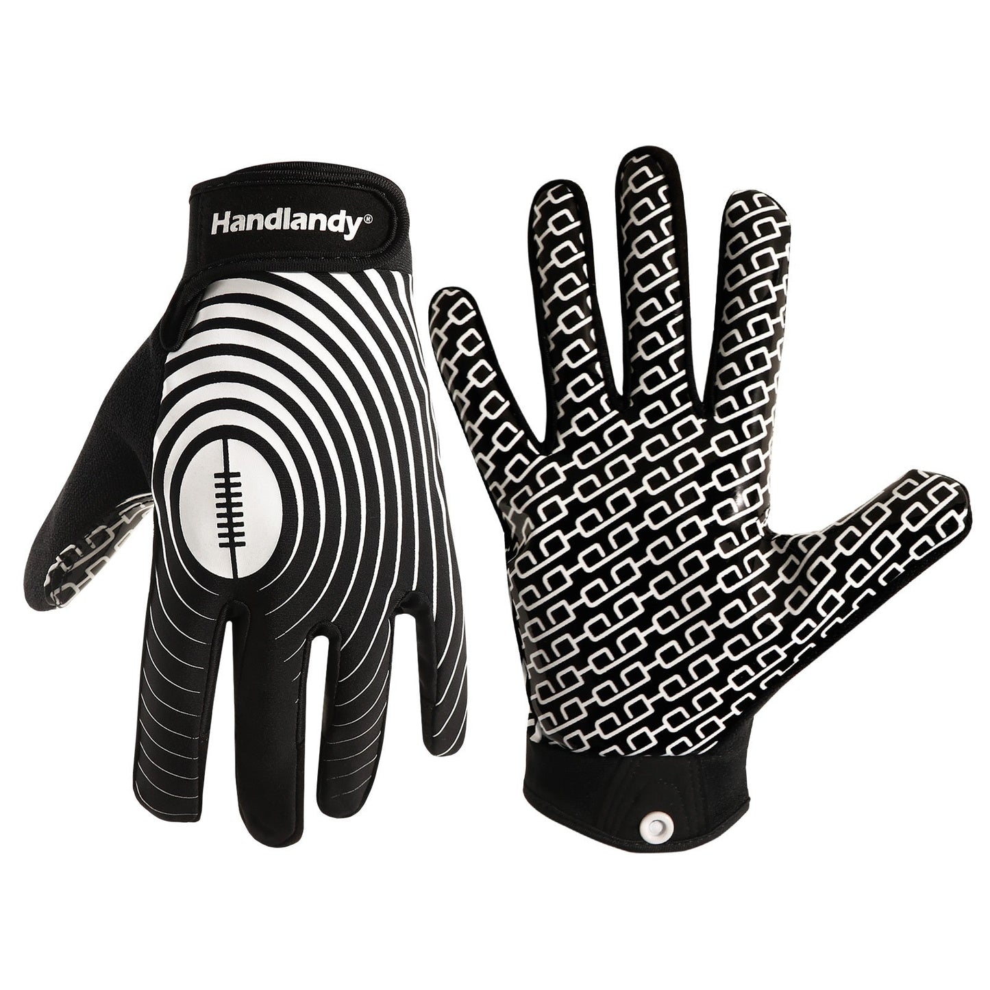 Adjustable football gloves with sticky white and golden receiver palms and elastic closure.