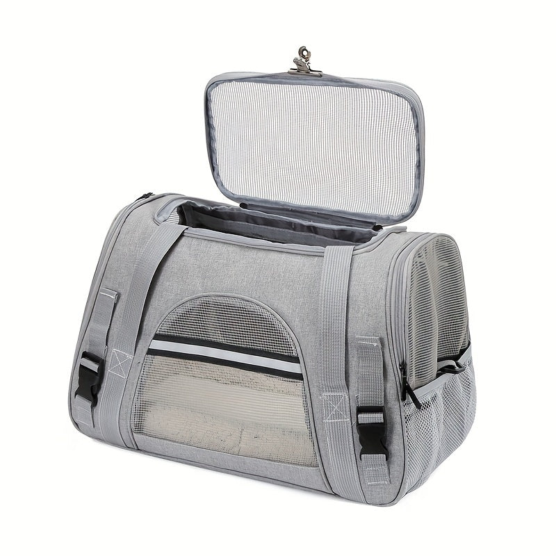 Portable pet bag with four-sided breathable design, includes fur mat, can be used on suitcase or as single shoulder pet bag. Collapsible and transparent, suitable for both cats and dogs.